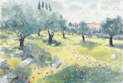 Olivenlunden (Tempelbjerget fra The Kidron Valley, Jerusalem), 2019 (w/c på papir) af Lucy Willis