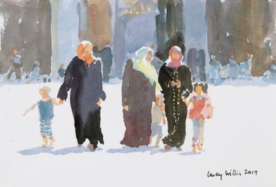 Besøger moskeen, Damaskus, Syrien, 2019 (w/c på papir) af Lucy Willis