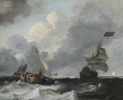 En storm ud for kysten med mænd o krig og fiskerbåde af Ludolf Backhuysen