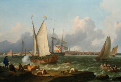 Udsigt fra øen Nesserland til Emden af Ludolf Backhuysen
