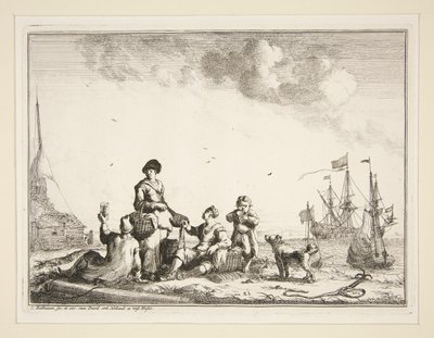 Havn med sømænd og en fiskehandler af Ludolf Backhuysen