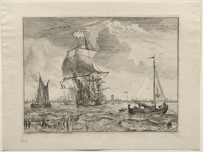 Marinescene med Amsterdam i det fjerne af Ludolf Backhuysen