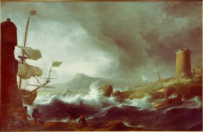 Stormfuldt hav på en bjergrig kyst af Ludolf Backhuysen