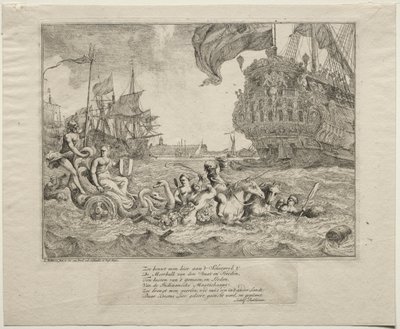 Personificeringen af Amsterdam, der kører i Neptuns vogn af Ludolf Backhuysen