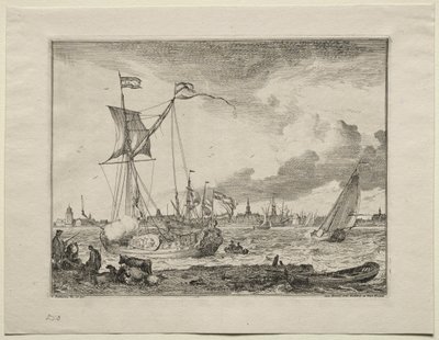 Udsigt over Amsterdam med skibe i forgrunden af Ludolf Backhuysen