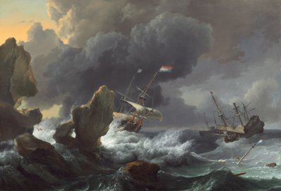 Skibe i nød ud for en klippekyst, 1667. af Ludolf Backhuysen I