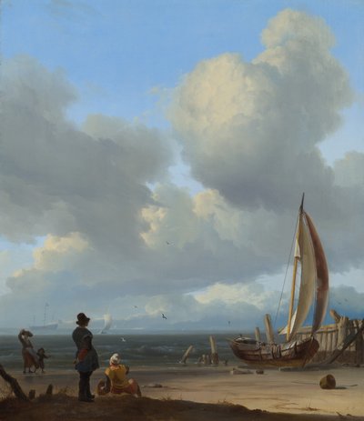 Hollandsk: Zeegezicht met figuren bij een vissersboot op het strand Et omfattende havbillede med figurer ved en båd på en kyst nær Huisduinen af Ludolf Bakhuizen