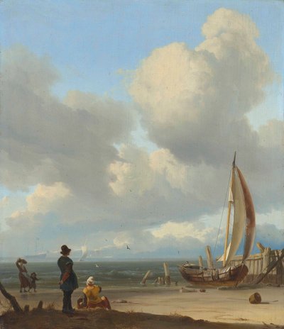 Hollandsk: Zeegezicht met figuren bij een vissersboot op het strand Et omfattende havbillede med figurer ved en båd på en kyst nær Huisduinen af Ludolf Bakhuizen