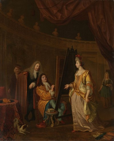 En kunstner i sit atelier, der maler portrættet af en dame af Ludolf Bakhuysen