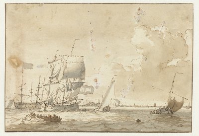 Skibe på vandet for en by af Ludolf Bakhuysen