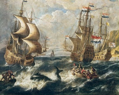 ""Hvalfangst"" Detalje. Maleri af Ludolf Backhuysen (1631-1708). Nancy. Museum for Skønne Kunster. af Ludolf I Backhuysen