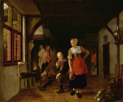 En tjenestepige med en kande og tre mænd ved bålet af Ludolf de Jongh