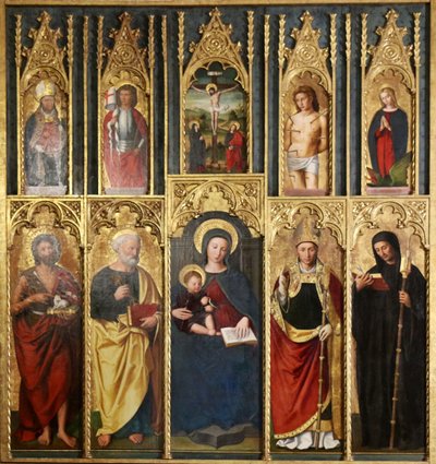 Altertavle, 10 malerier: Jomfruen med barnet mellem Johannes Døberen og Peter, En biskop og abbed, Kristus på korset mellem Johannes og Jomfruen, Sankt Martin og Sankt Viktor, Sankt Sebastian og Sankt Margaretha. af Ludovico Brea