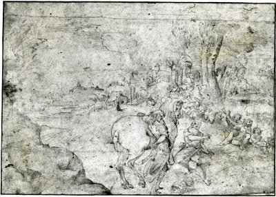 Erminia ja paimenet, n. 1600 (kynä ja muste paperille) af Ludovico Carracci