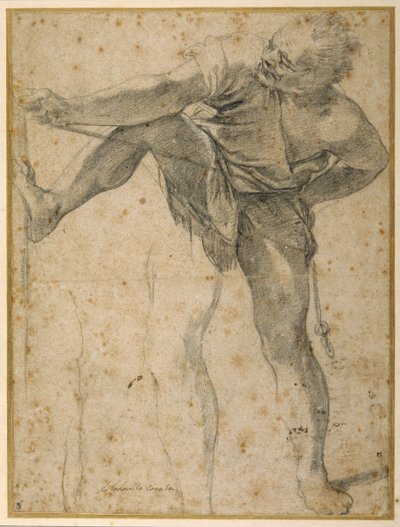 Mand trækker i et reb, hans venstre ben øvede sig en anden gang (sort kridt på papir) af Ludovico Carracci