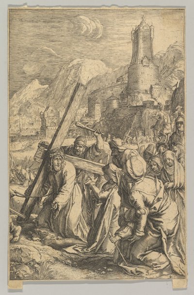 Kristus bærer korset, fra The Passion of Christ, ca. 1623. af Ludovicus Siceram