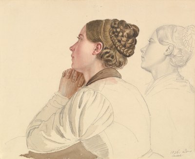 Studier af en kvinde, der beder, tidligt til midten af det 19. århundrede. af Ludwig Emil Grimm