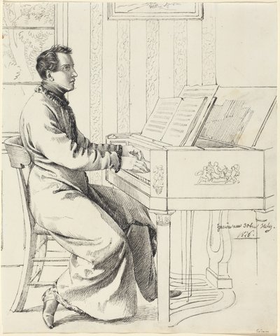 Kunstnerens svoger, Ludwig Hassenpflug, gør sig klar til at spille klaver af Ludwig Emil Grimm