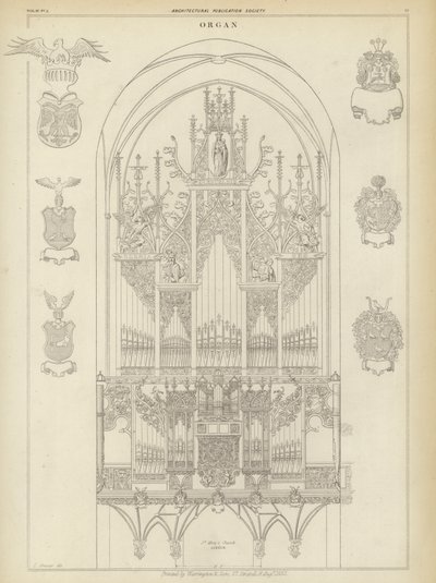 Orgel fra Mariakirken, Lubeck, Tyskland (gravering) af Ludwig Gruner