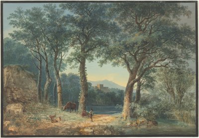 En skovklædt søside med en italiensk villa af Ludwig Hess