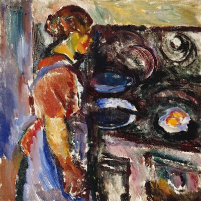 Pigen i køkkenet; Gedde I Kjokken, 1921 af Ludvik Peter Karsten