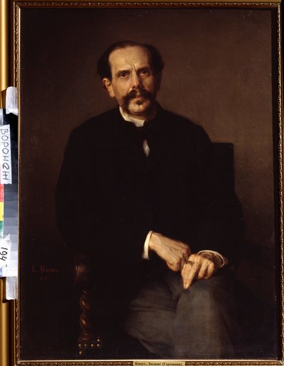 ""Portræt af en mand"" Han er klædt i et sort jakkesæt, et ridderskab på fingeren. Maleri af Ludwig Knaus (1829-1910) Ivan Kramskoy (eller Kramskoi) Fine Arts Museum i Voronezh (Voronezh), Rusland. af Ludwig Knaus