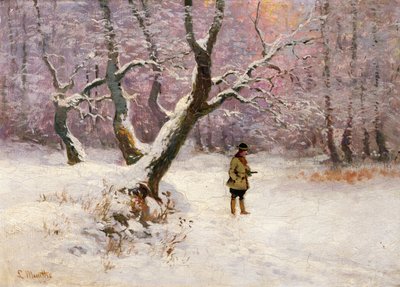 Vinterlandskab med jægere (olie på lærred) af Ludwig Munthe
