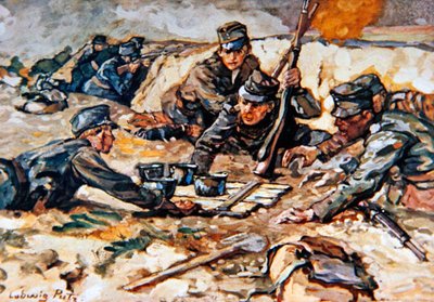 At bringe rationer til de østrigske skyttegrave under beskydning fra russisk artilleri af Ludwig Putz