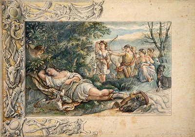 Sovende Diana med ledsagere (akvarel over grafit på papir) af Ludwig Sigismund Ruhl