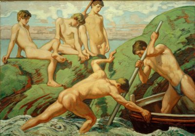 Nøgne bådsmænd (fiskere) og drenge på den grønne kyst af Ludwig von Hofmann