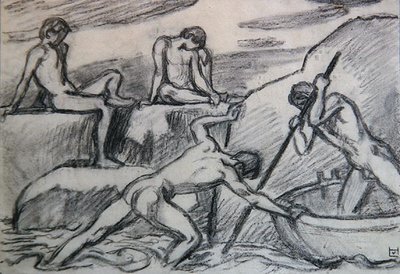 Nøgen bådsmand og unge mennesker på en grøn strand (grafit på papir) af Ludwig von Hofmann