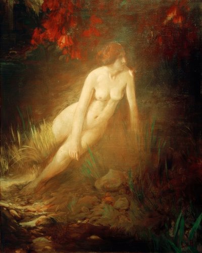 Kvindelig nøgen på en stenet bank, der er bevokset med blomster af Ludwig von Hofmann