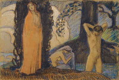 To kvinder og en ung mand i badet af Ludwig von Hofmann