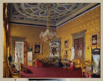Lyons Hall (den gule tegnesal) i Tsarkoje Selos store palads (Rusland). Værk af Luigi Premazzi (1814-1891), akvarel på papir af Luigi Premazzi