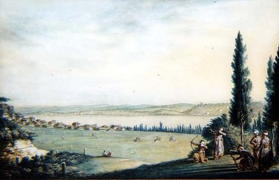 Fjern udsigt over byen Cospoli af Luigi (after) Mayer