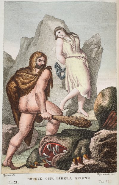 Hercules redder Hesione eller Ercole che Libera Enione, Bog XI, illustration fra Ovids Metamorphoses, Firenze, 1832 (håndkoloreret gravering) af Luigi Ademollo