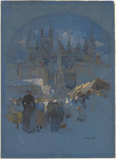 En markedsplads før en katedral af Luigi Aloys François Joseph Loir