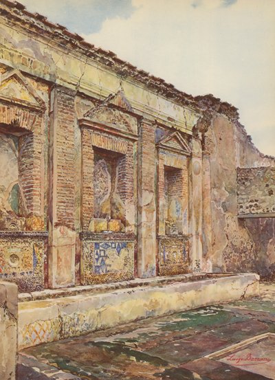 Pompeji: Den lille fontænes hus, mosaikfontæne (farvelitografi) af Luigi Bazzani