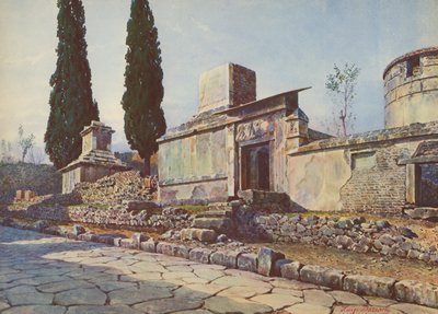 Pompeji: Via dei Sepolcri, grave og cypresser (farvelitografi) af Luigi Bazzani