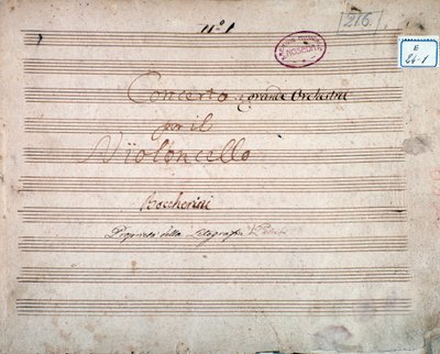 Første side underskrevet af forfatteren af partituret til Koncert for cello og orkester i Es, af Luigi Boccherini af Luigi Boccherini