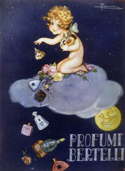 Annoncering for Bertelli dufte. Illustration af Brisi (Busi). af Luigi Busi