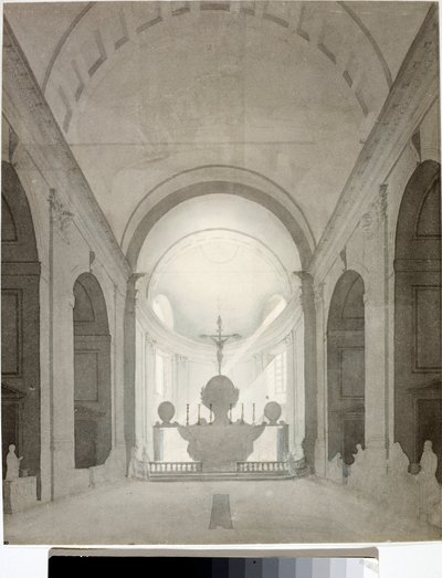 Indvendigt billede af en kirke (Tegning og akvarel, ca 1825) af Luigi Garibbo