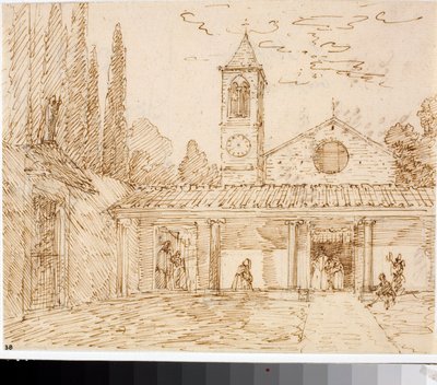 Udsigt over en kirke i renæssancestil (blæktegning, ca. 1825) af Luigi Garibbo