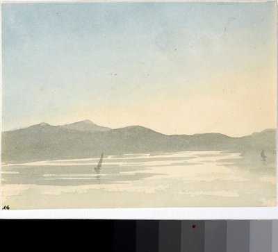 Udsigt over en sø ved daggry (Akvarel, ca. 1825) af Luigi Garibbo