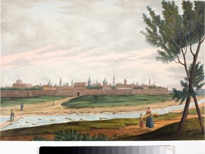Udsigt over en befæstet by, sandsynligvis Lucca i Toscana (blæk og akvarel, ca. 1820) af Luigi Garibbo