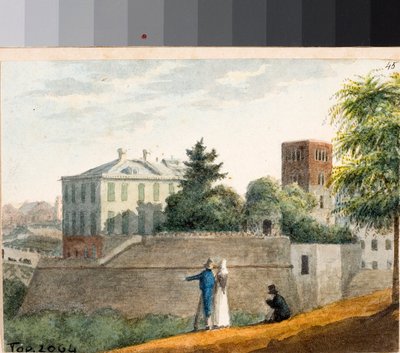 Udsigt over bastioner og Santo Stefano klokketårn, Genova (akvarel, ca 1825) af Luigi Garibbo
