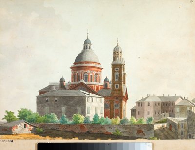 Udsigt over basilikaen Santa Maria Assunta di Carignano i Genova (akvarel af Luigi Garibbo