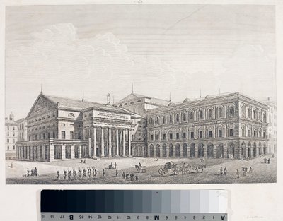 Udsigt over Carlo Felice Theatre og Palace of the Accademia i Genova (Etching af Luigi Garibbo
