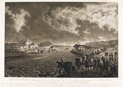 Udsigt over broen Pila i Genova, efter oversvømmelsen af Bisagno-floden den 26/10/1822 (Etching, ca. 1822) af Luigi Garibbo
