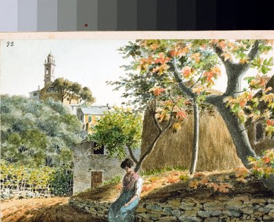 Udsigt over kirken San Bartolomeo på Mount Staglieno, Genova (Tegning og akvarel, ca 1825) af Luigi Garibbo